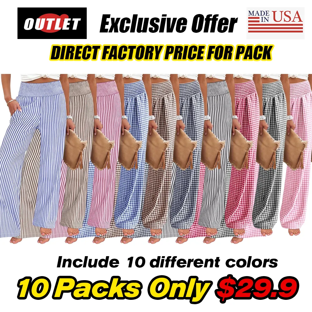 Women's High-Waisted Casual Striped And Checkered Wide-Leg Pants