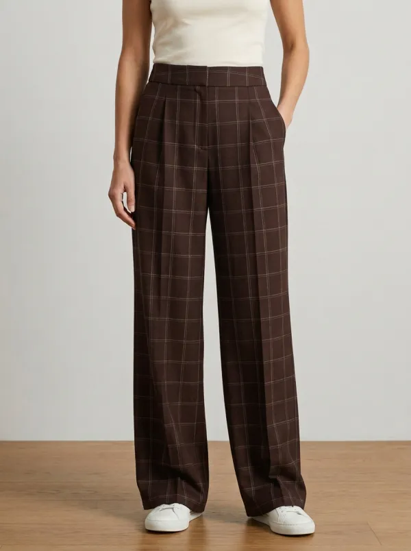 Minimal Wide-Leg Plaid Printed Women's Wide-Leg Pants