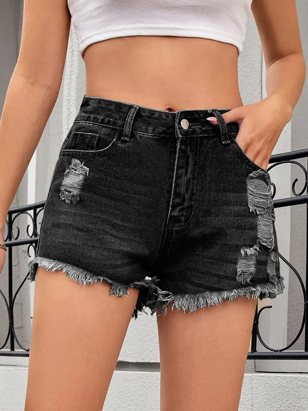Tailored Distressed Raw Hem Denim Shorts