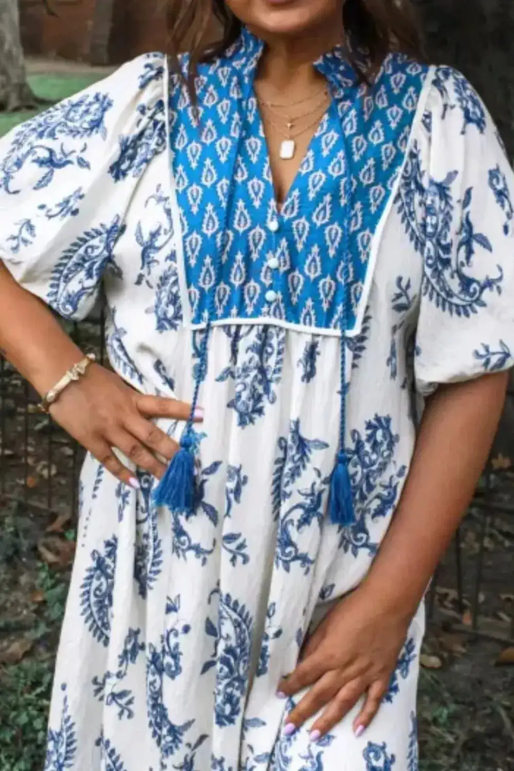 Print Contrast Boho Patchwork V Neck Loose Midi Dress