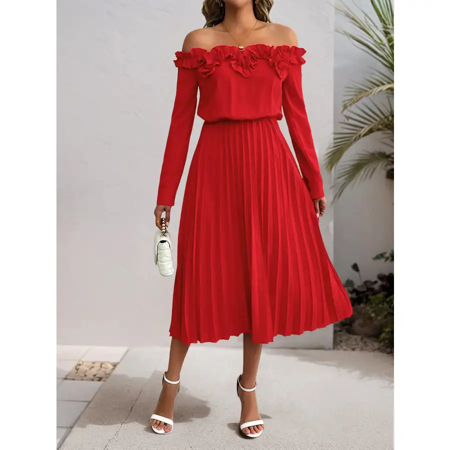 Off-Shoulder Ruffle Pleated Midi Dress