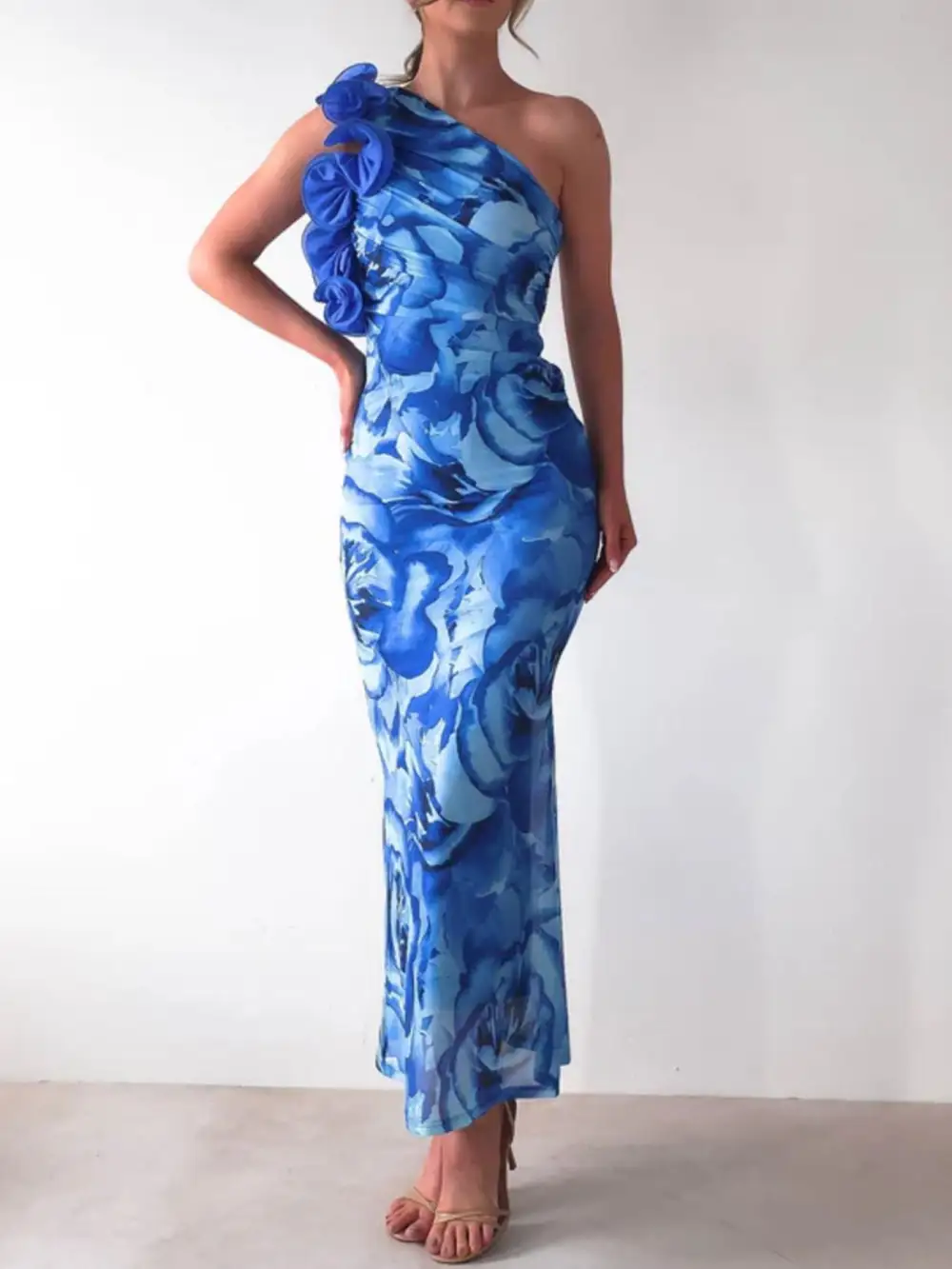 Floral Print One Shoulder Maxi Dress
