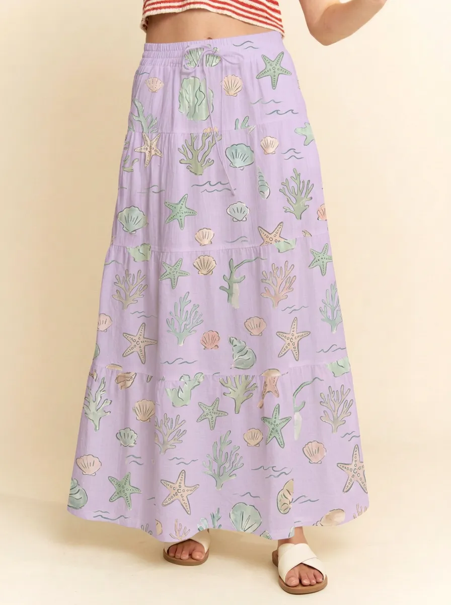 Women's Coastal Starfish Seashell Coral Printed Maxi Skirt