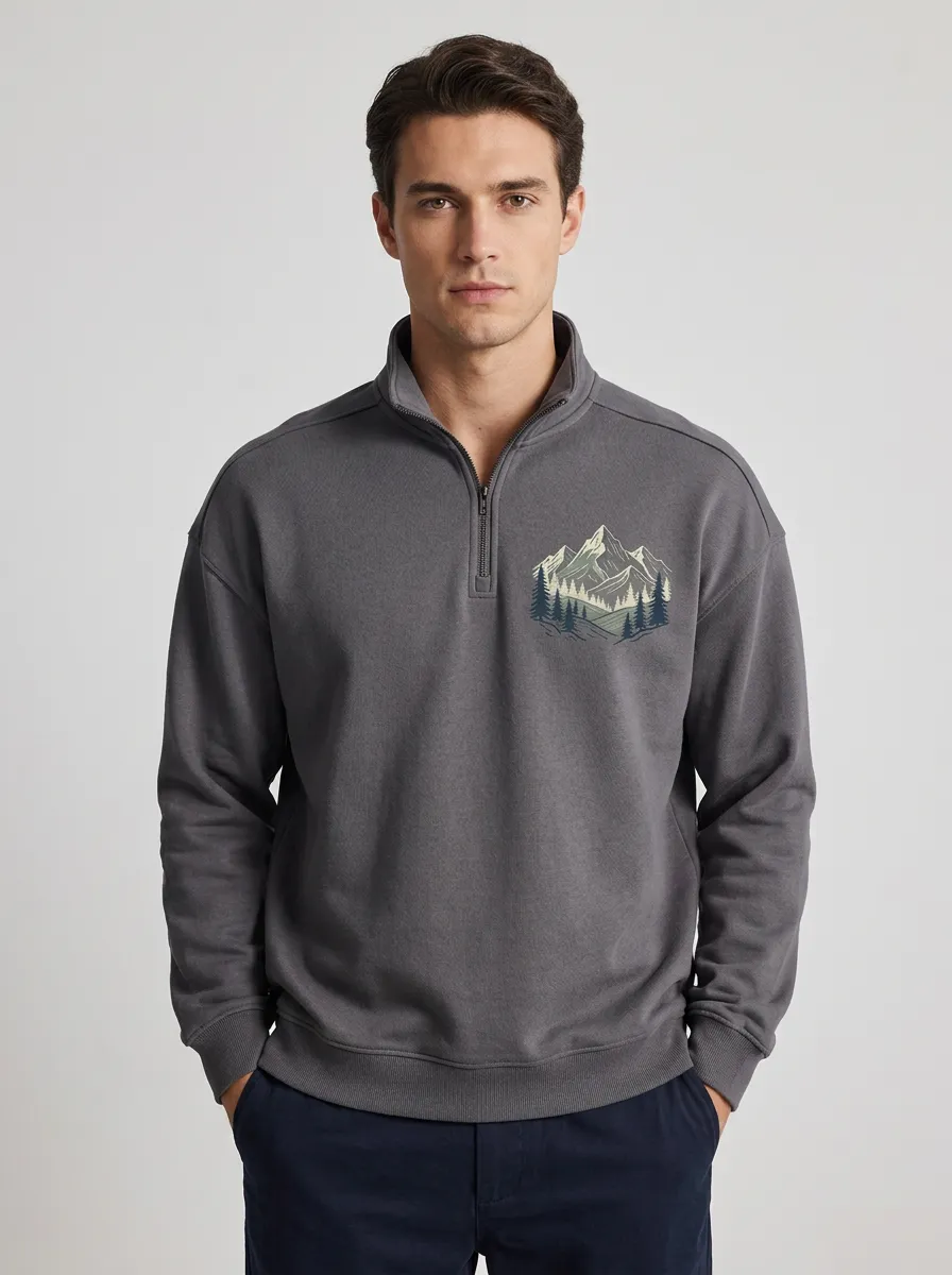 Men's Nature Mountain Forest Graphic Quarter-Zip-Neck Sweatshirt
