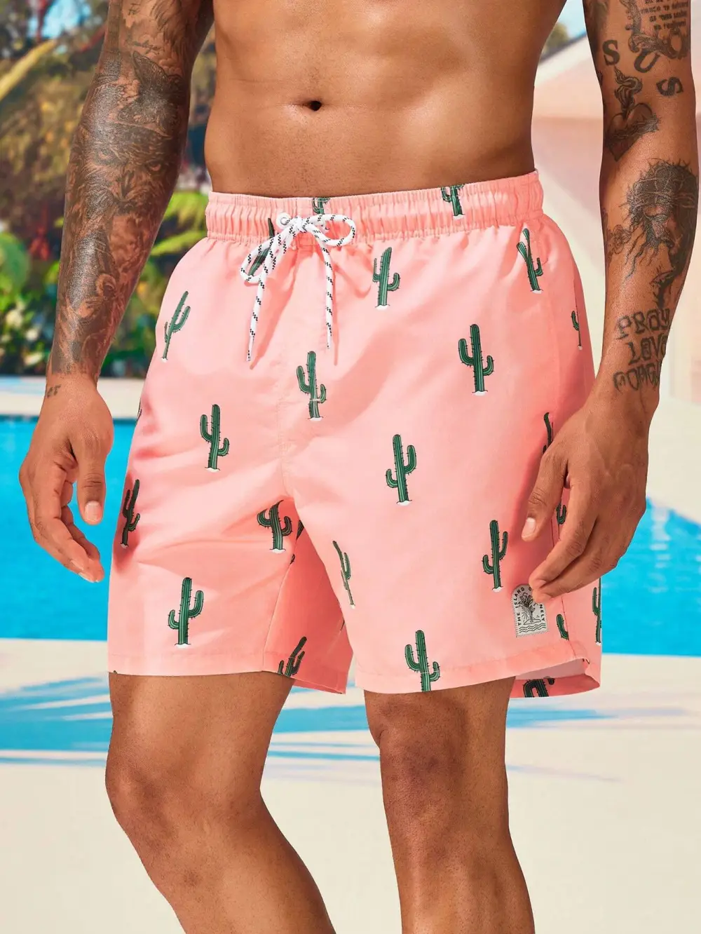 Men's Cactus Print Drawstring Swim Trunks