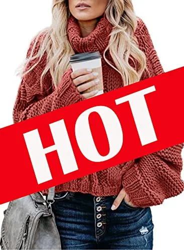 Women's 2025 Turtleneck Balloon Long Sleeve Casual Loose Chunky Cable Knit Pullover Sweater Outerwear