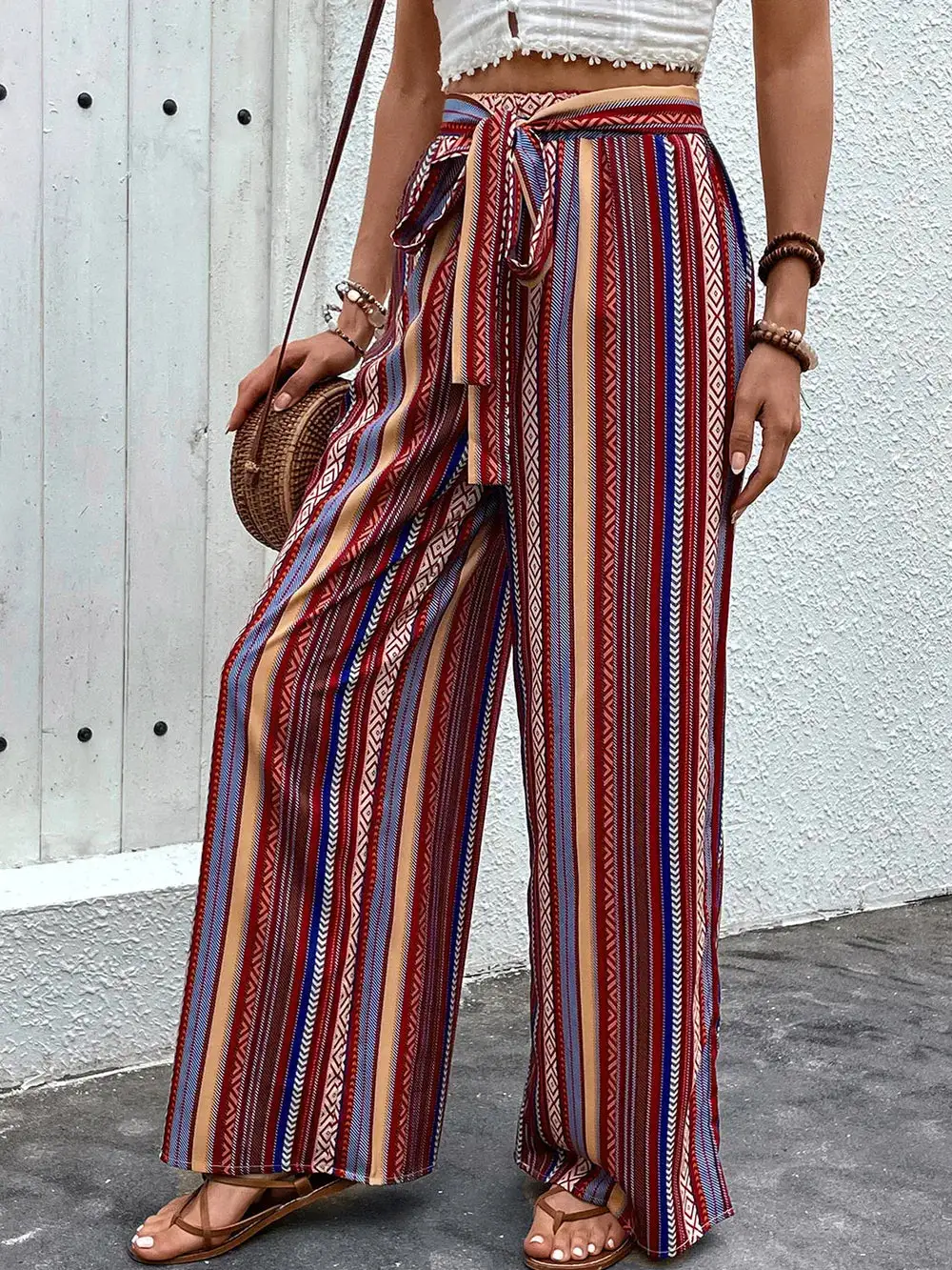 Wide Leg Tie Waist Geometric Print Pocketed Pants