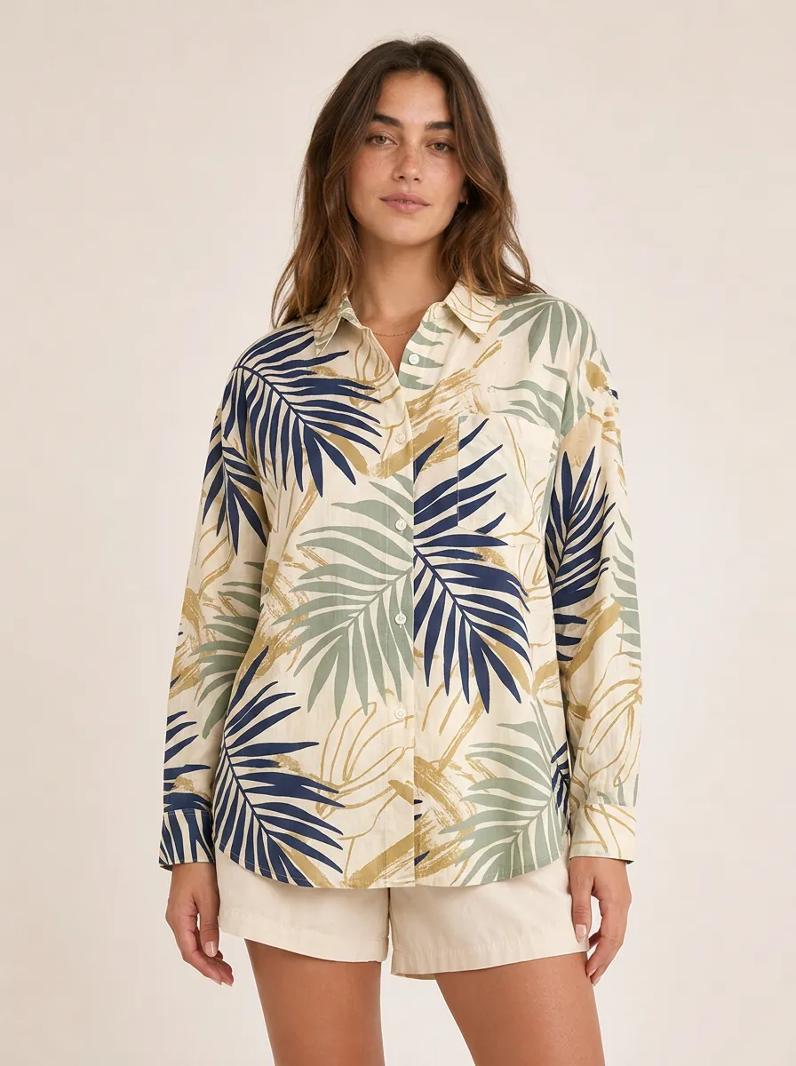 Women's Tropical Vacation Palm Leaf Printed Button-Down Shirt