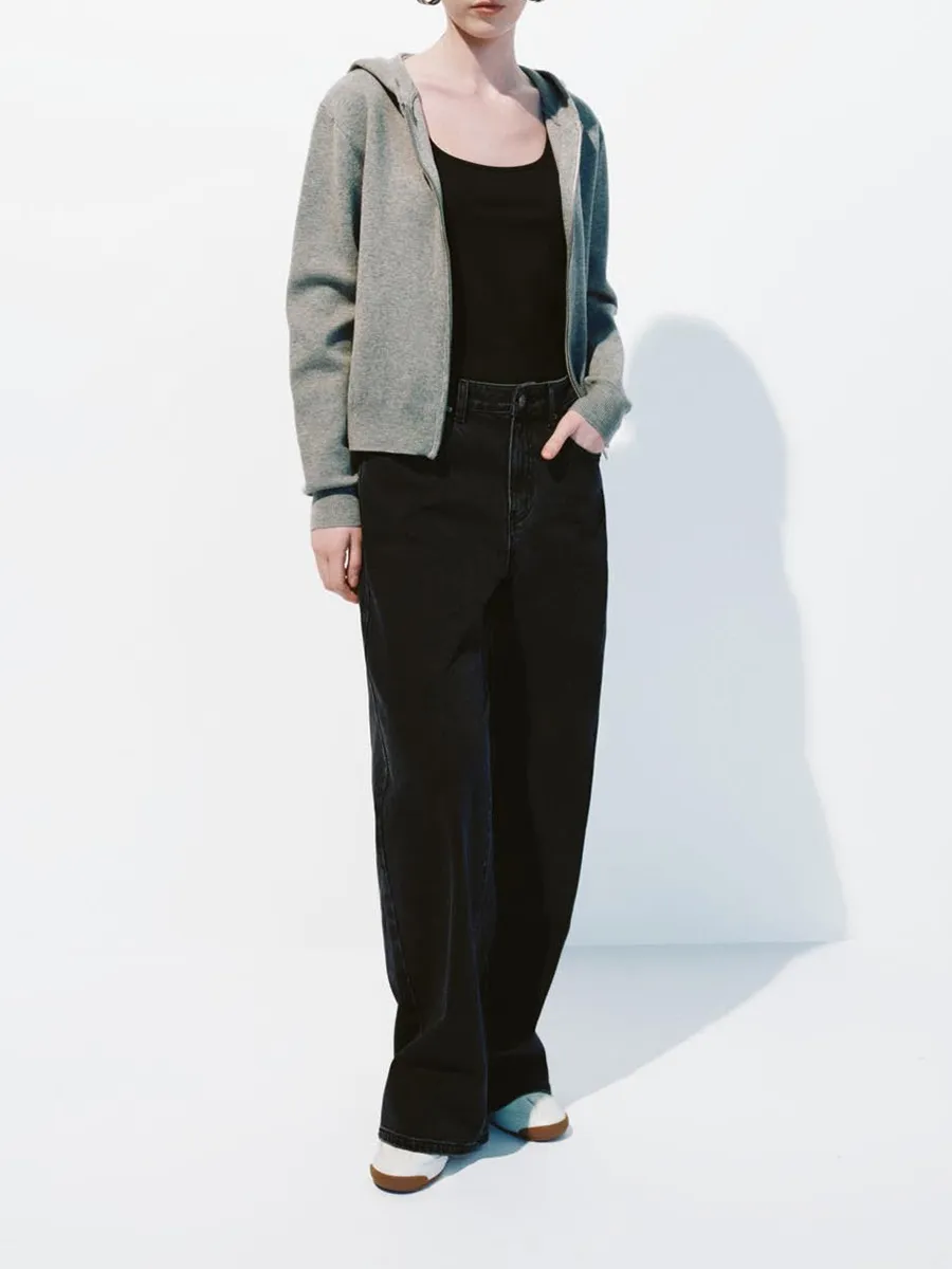 Lady's Grey Casual Style Zippered Knitted Hoodie