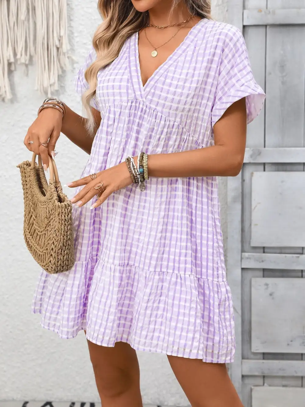 Plaid V Neck Ruffle Mini Dress