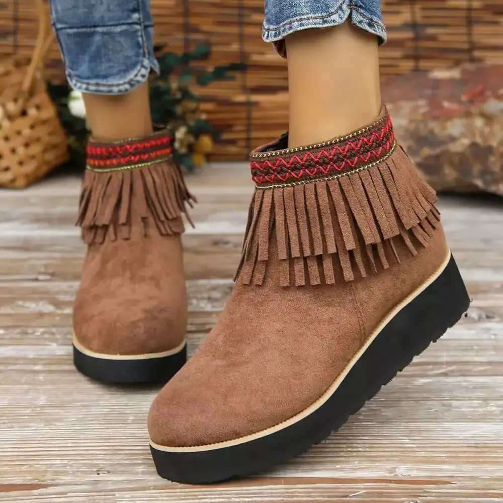 Fringe Round Toe Ankle Boots