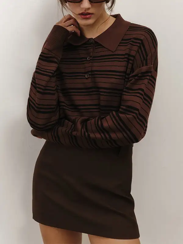 Striped Paneled Lapel Long Sleeve Sweater
