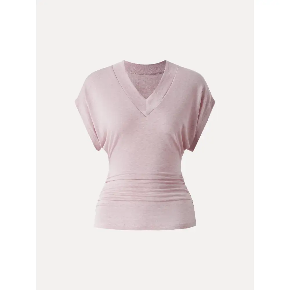Semi-Sheer Lyocell Cashmere Blend V-Neck Short Sleeve Side Ruched Tee