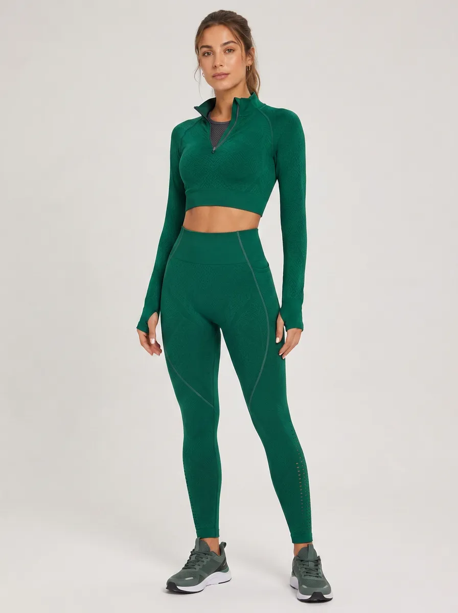 Women's Fitness Gym Workout Seamless Green Printed Yoga Set