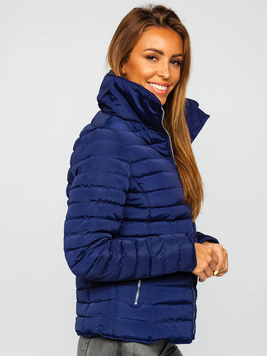 dark blue women's quilted winter jacket without hood
