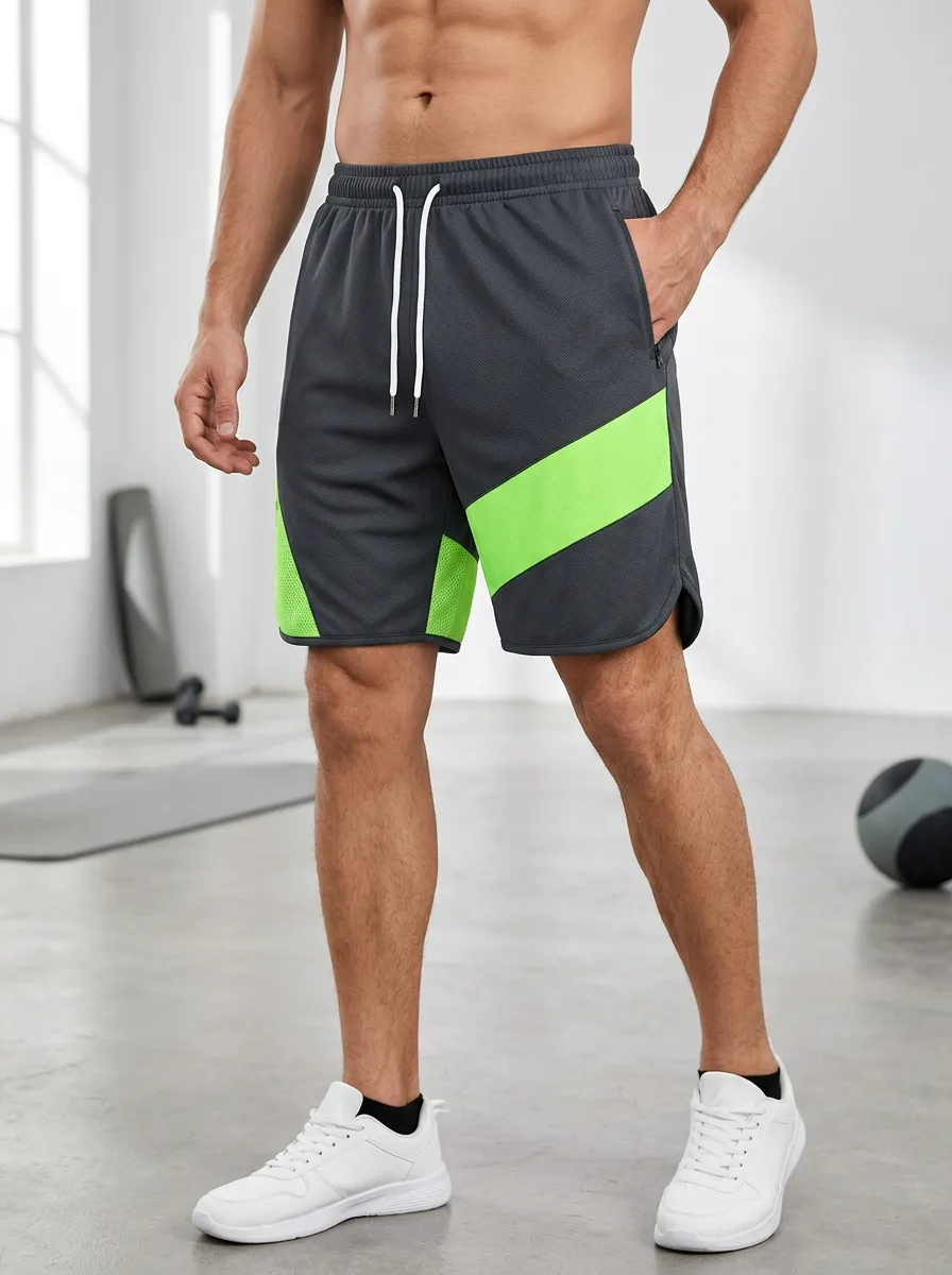 Men's Athletic Gym Neon Green Colorblock Printed Shorts