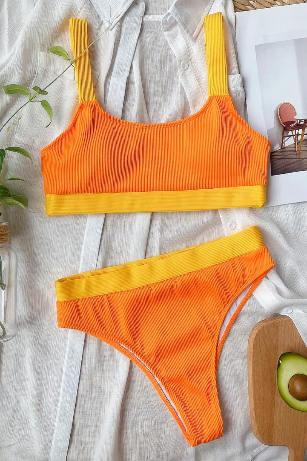 Blocked Pattern Scoop Neck Bikini Swim Set