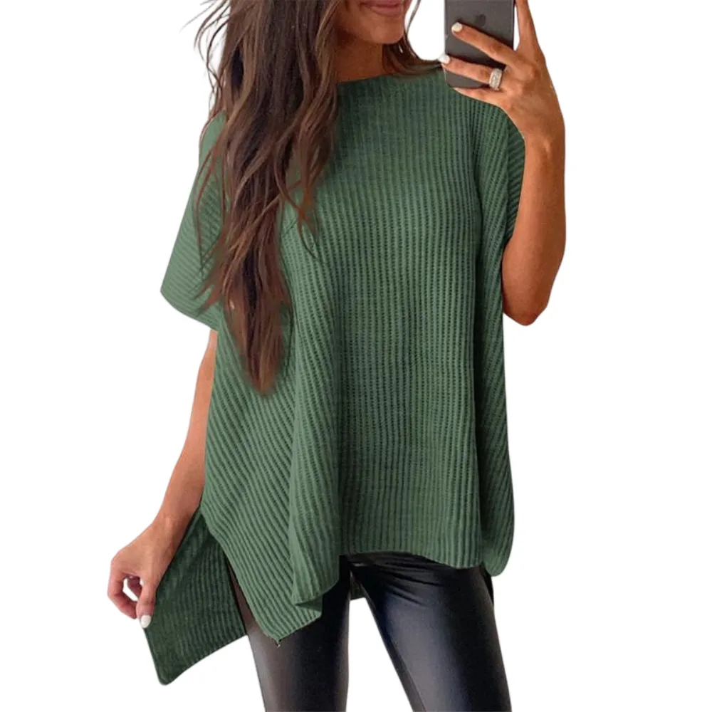2025 Fall Clothing Women's Oversized Knit Top, Casual Crew Neck Drop Shoulder Loose Fit Short Sleeve Pullover Sweater with Side Slit