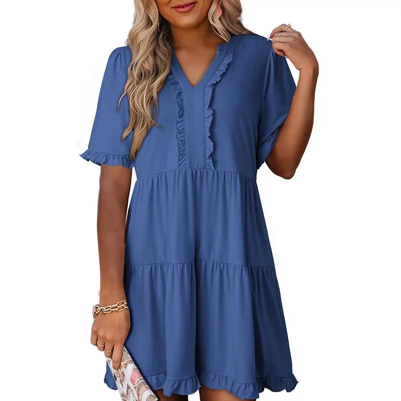 Womens Dresses 2025 Summer Spring V Neck Ruffle Short Sleeve Casual A-Line Flowy Swing Shift Dress Mini Dress