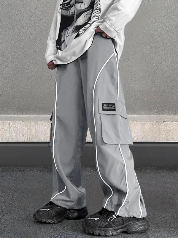 Men’s Loose Fit Cargo Pants with Letter Patch & Contrast Binding – Casual Drawstring Trousers for Spring, Fall & Winter