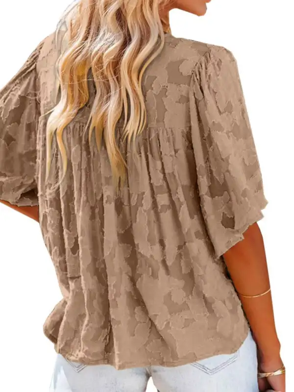 Textured V Neck Button Down Shirt Plus