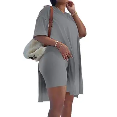 Women Plus Size 2 Piece Outfits Short Sleeve Tunic Tops And Skinny Biker Shorts Sets Tracksuits Womenswear Bodycon Split Hem Lounge