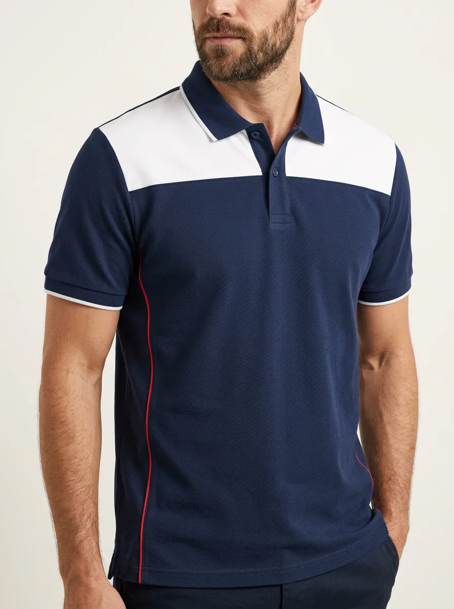 Men's Colorblock Navy White Red Trim Polo Shirt