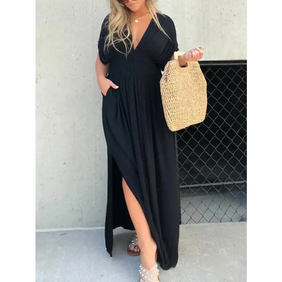Full Size Deep V Neck Maxi Dress with Side Slit Plus Size