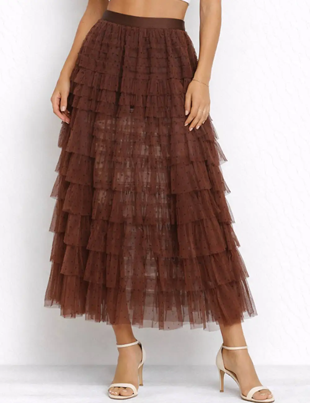 Chic Polka Dot Tiered Ruffle Elastic Waist Midi Skirt