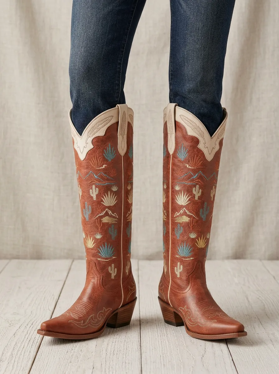 Women's Western Cactus Embroidered Pointed-Toe Block-Heel Stacked-Heel Pull-On Denim Over-the-Knee Boots