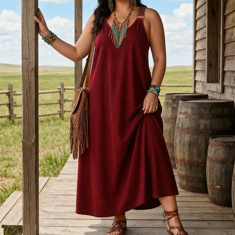 Women’s Sleeveless Denim Maxi Dress with Adjustable Cross Back Straps