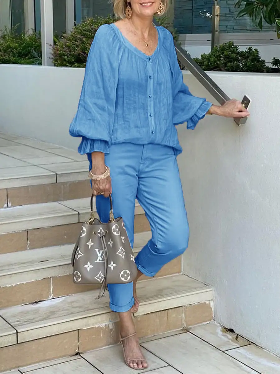 Special Collar Ruffled Sleeves Buttoned Shirt Casual Two-piece Suits