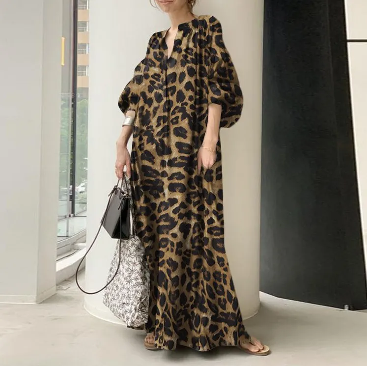 Temperament Leopard Print Stand Puff Sleeve Fashion Loose Casual Bohemian Shirt Dress