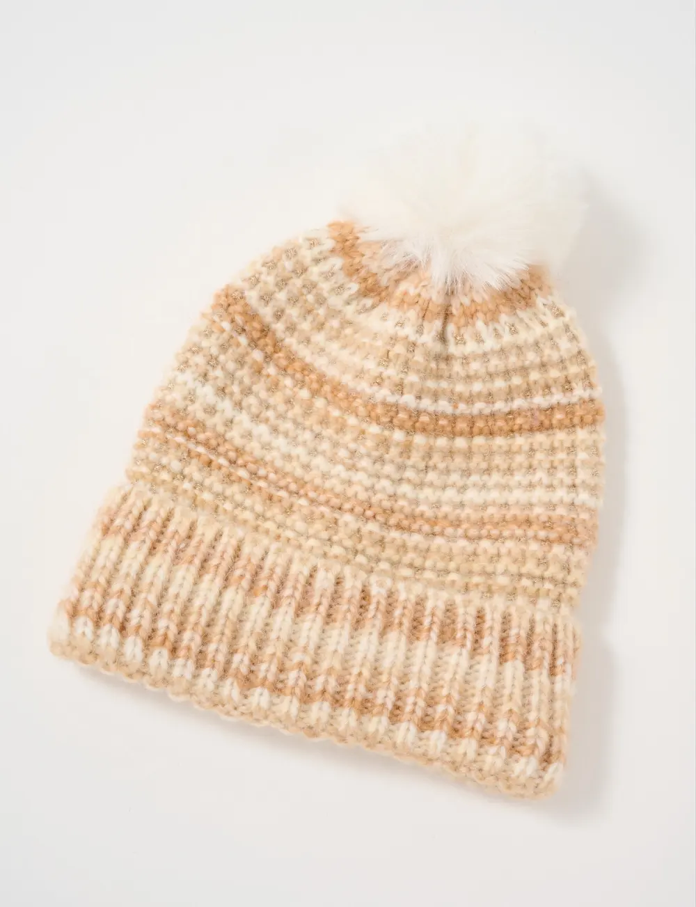 Fashionable Contrast Ribbed White Pom-Pom Hat