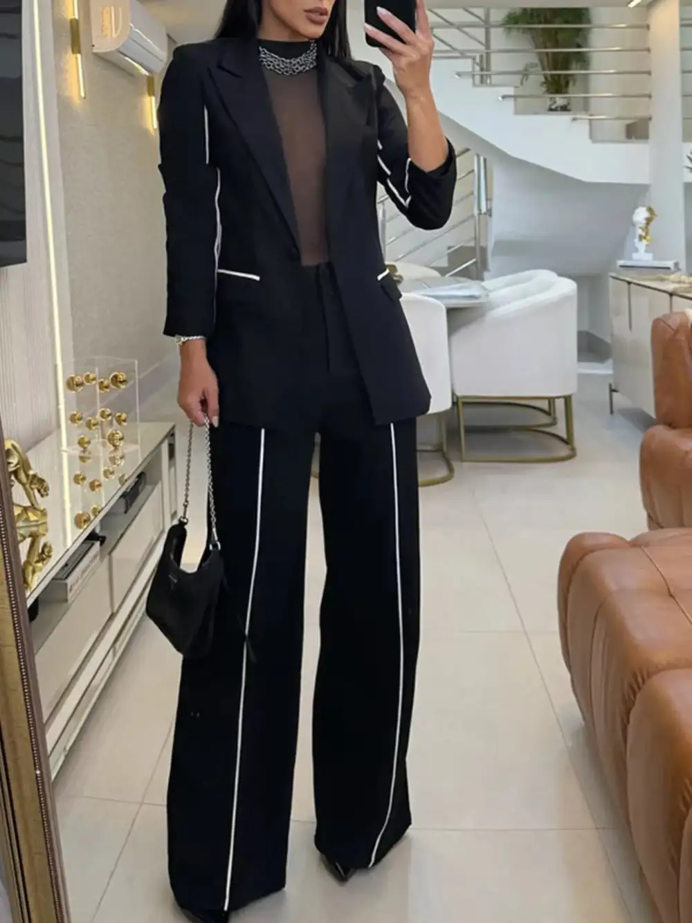 Contrast Trim Blazer and Wide Leg Pants Set