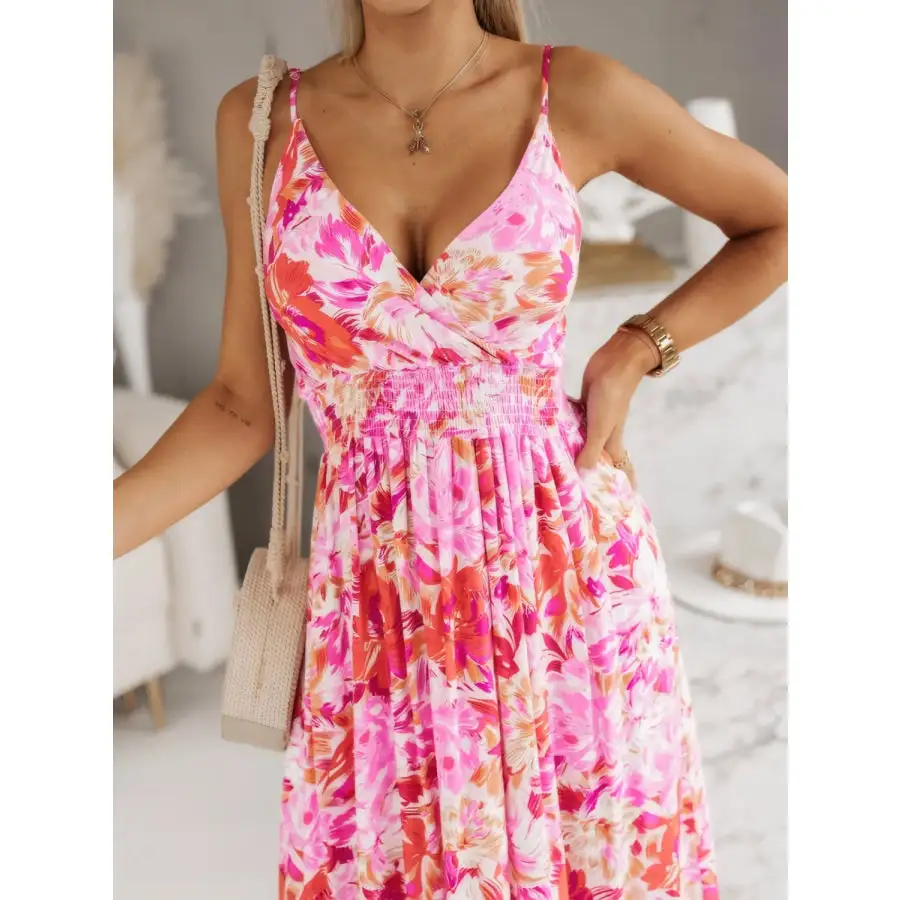 Smocked Printed Surplice Maxi Cami Dress