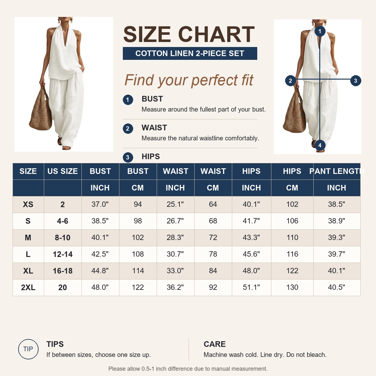 US size chart XS to 2XL for cotton linen two piece set