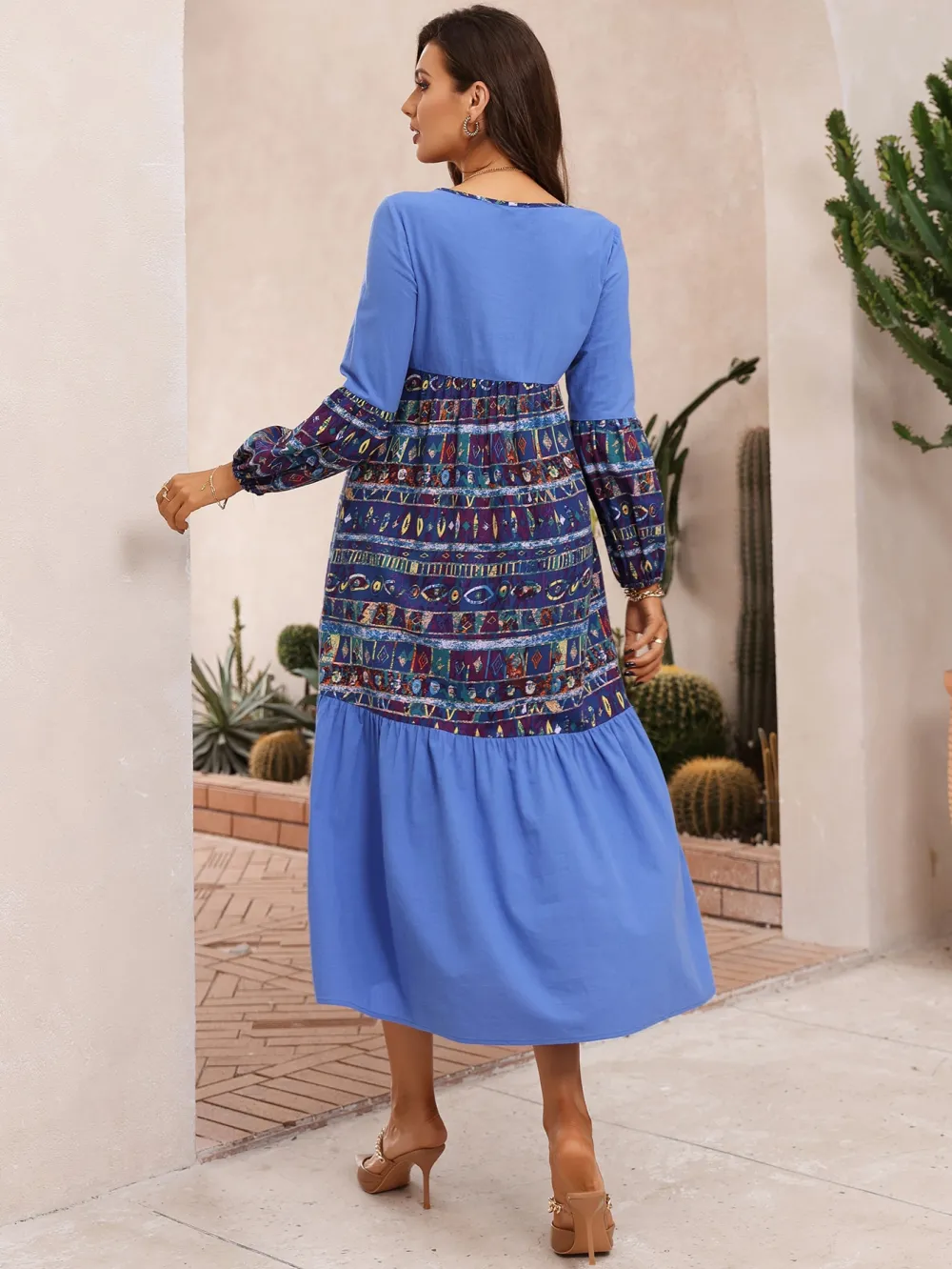 Geo Print Lantern Sleeve Dress