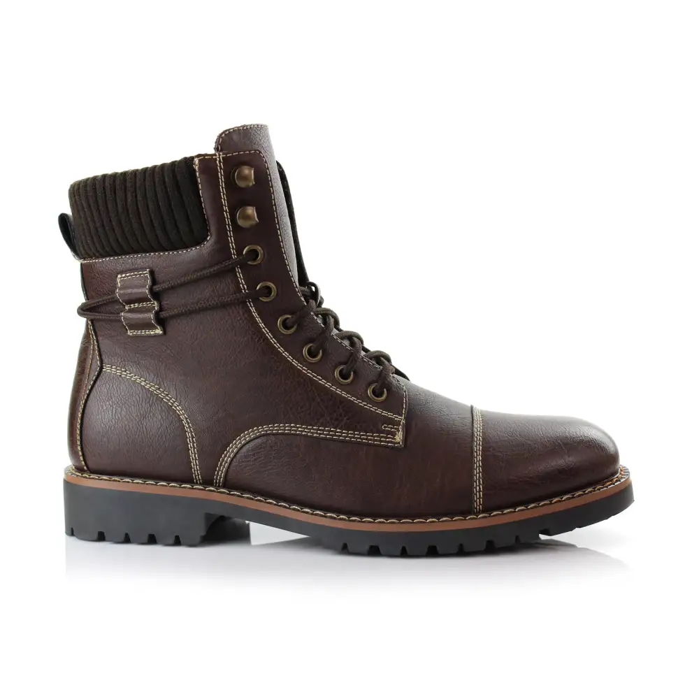 Faux-Leather Lace-Up Stitched Motorcycle Boots