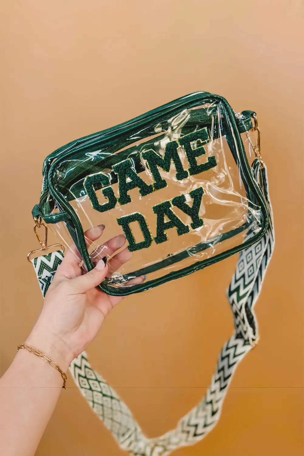 Blackish Green Chenille Embroidered Clear PVC Shoulder Bag