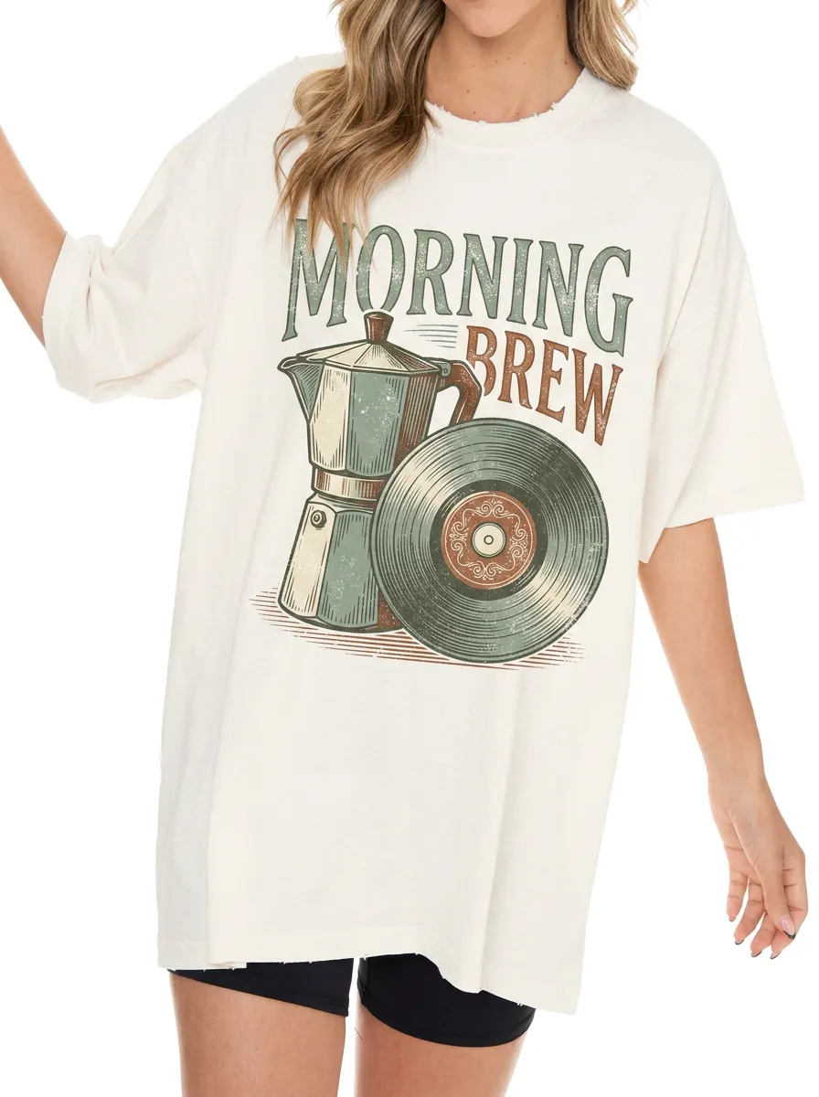 Women's Coffee Music Moka Pot Vinyl Graphic T-Shirt