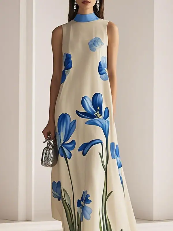 Print Sleeveless Neck Maxi Dress