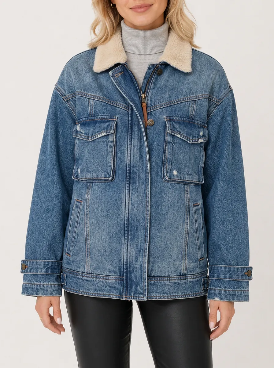 Women's Vintage Distressed Sherpa Collar Denim Jacket