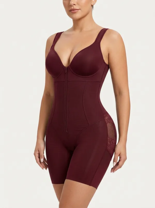 Women Zipper Tummy‑Control Sculpting Bodysuit Brown Shapewear