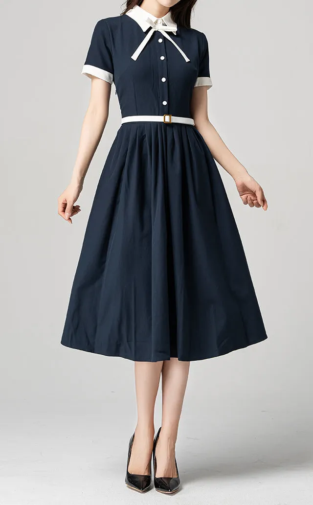 Cotton Blend Pleated Short Sleeve Midi Dress