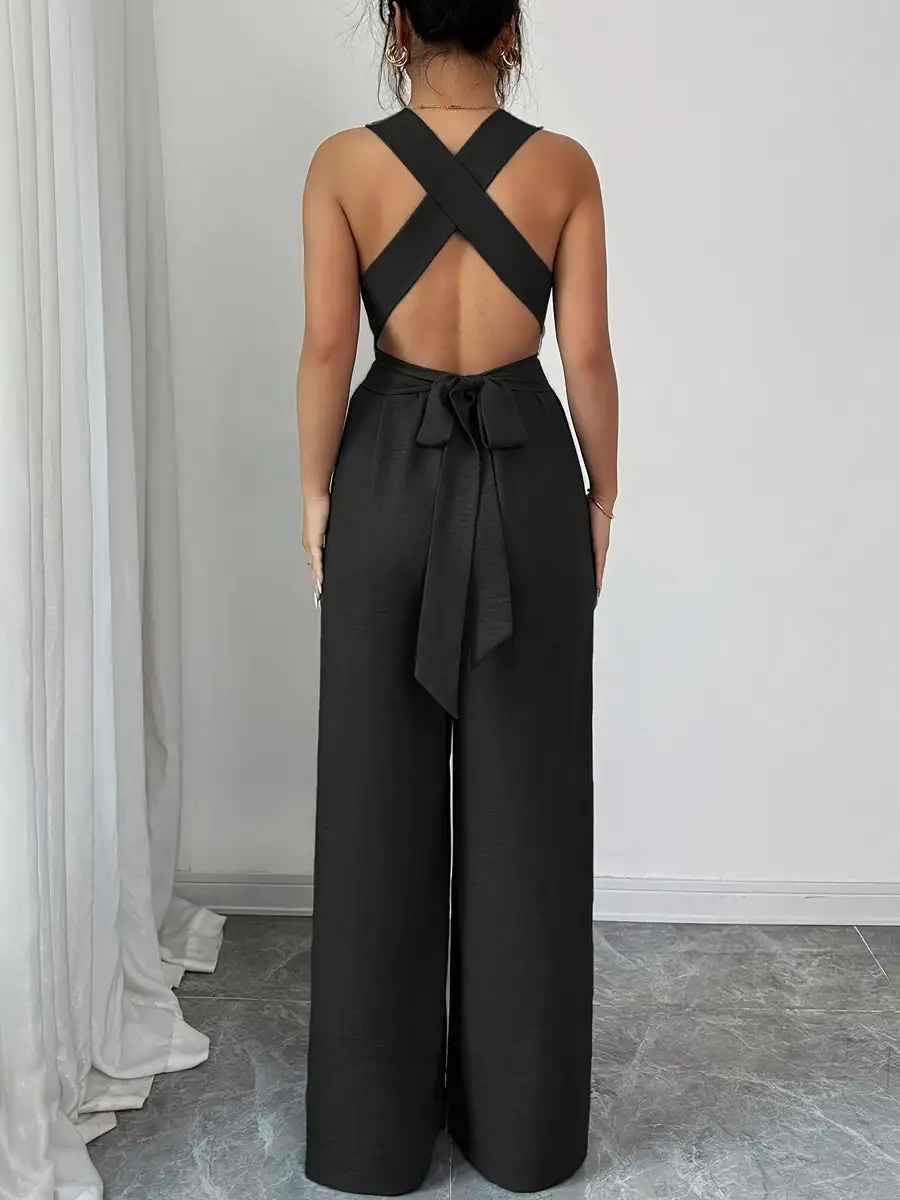 Hoog Getailleerde Mouwloze Rugloze Effen Kleur Gebonden Jumpsuits