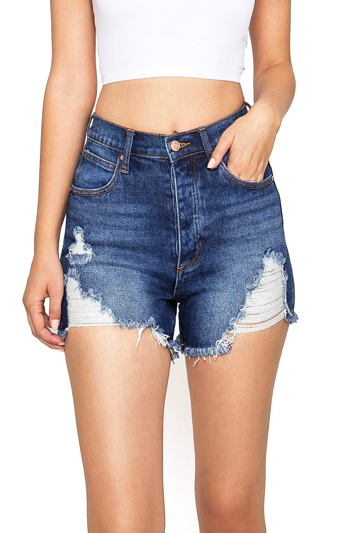 Medium Blue High - Waist Distressed Shorts