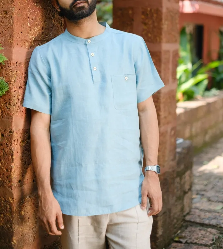 Aqua Linen Band Collar Shirt