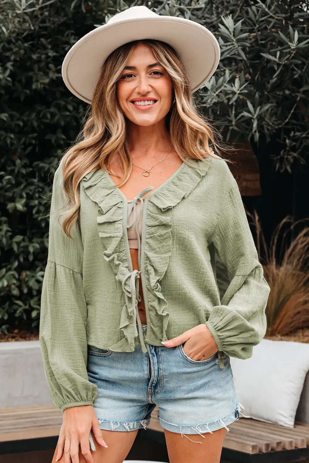Ruffle Trim Long Sleeve V Neck Blouse