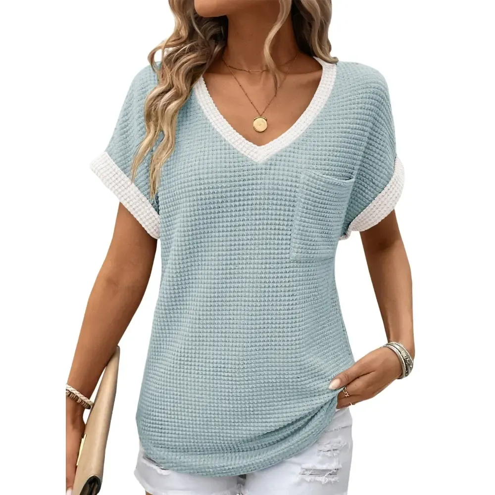 Women's Waffle Knit V-Neck Casual Summer Top